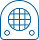 Radio vintage bleu avec grille ronde et deux boutons, icône de haut-parleur ou d'appareil audio rétro.