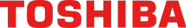 Logo de la marque Toshiba en lettres capitales rouges vives sur fond noir. Symbole de l'entreprise d'électronique.