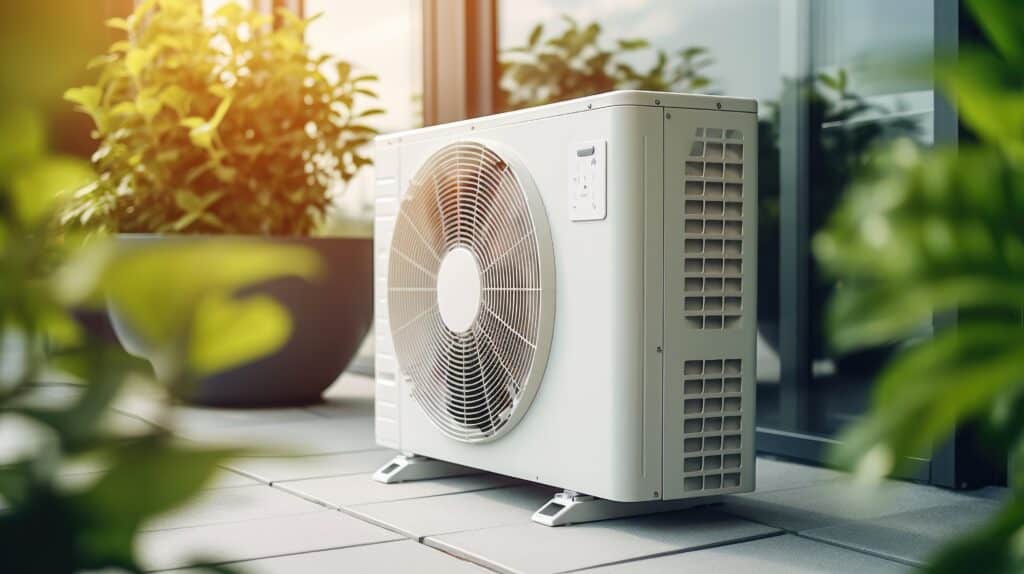 Unité de climatisation extérieure blanche sur une terrasse carrelée, avec grille de ventilateur. Plantes vertes et lumière solaire dorée.