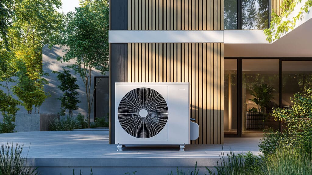 Pompe à chaleur extérieure blanche sur terrasse en béton devant une maison moderne avec façade en bois et jardin verdoyant.