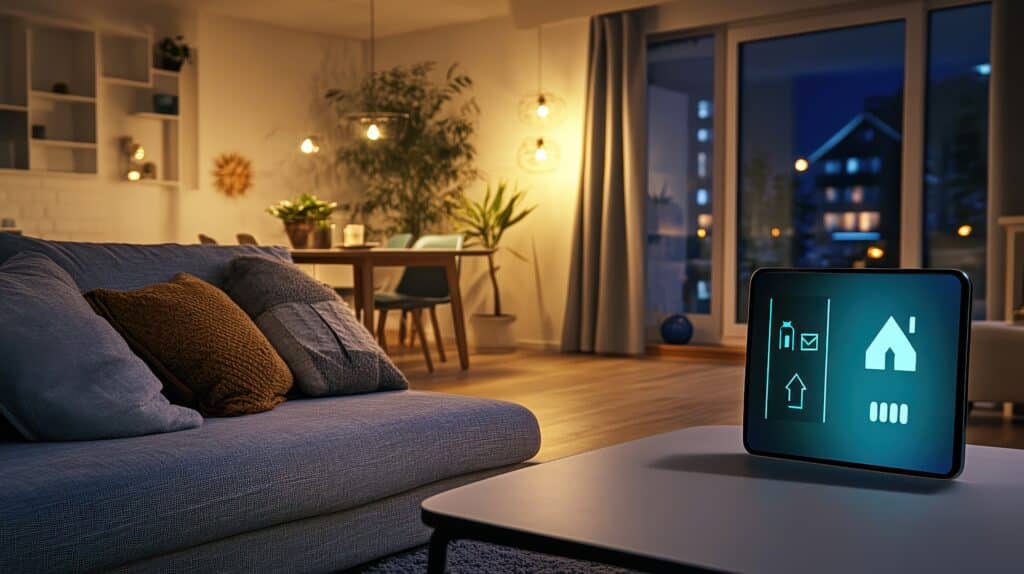 Salon moderne cosy en soirée avec canapé gris, table basse et tablette domotique affichant une interface (icône maison, mail). Lumières chaudes, vue sur bâtiment éclairé.